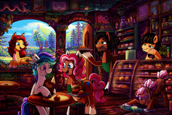 Size: 4373x2920 | Tagged: safe, artist:jowybean, imported from derpibooru, oc, oc only, oc:cinnamon sticks, oc:ginger bread, oc:heather, oc:jamie dodger, oc:peppermint patty, oc:rio, earth pony, pegasus, pony, unicorn, apron, cafe, cake, cash register, cleaning, clothes, coat markings, confectionery, earth pony oc, feather in hair, female, folded wings, food, freckles, glasses, grin, hair bun, happy, high res, horn, lantern, male, mare, menu, mountain, open mouth, open smile, pale belly, pegasus oc, pie, scenery, sitting, smiling, socks (coat markings), stallion, tail, tail bun, unicorn oc, unshorn fetlocks, wings