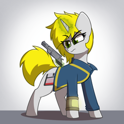 Size: 1080x1080 | Tagged: safe, artist:deltarainrum, imported from derpibooru, oc, oc only, oc:code cracker, pony, unicorn, fallout equestria, clothes, gun, simple background, weapon