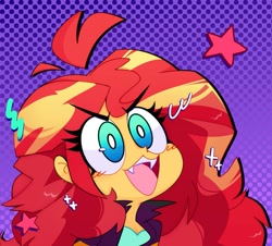 Size: 1105x1000 | Tagged: safe, artist:opossum-stuff, imported from derpibooru, sunset shimmer, equestria girls, cute, cute little fangs, fangs, ohayou face, open mouth, shimmerbetes, solo