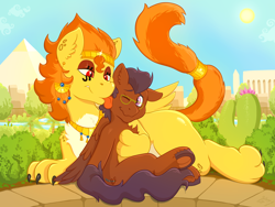 Size: 4032x3024 | Tagged: safe, artist:wispy tuft, imported from derpibooru, oc, oc:horizon stream, oc:wispy tuft, pegasus, pony, sphinx, cactus, chest fluff, cuddling, desert, ear fluff, egyptian, garden, jewelry, licking, pegasus oc, pyramid, relaxing, somnambula (location), sphinx oc, temple, tongue out