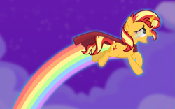 Size: 3069x1920 | Tagged: safe, artist:grapefruit-face, imported from derpibooru, sunset shimmer, pony, unicorn, cape, clothes, dio, flying, happy, night, rainbow, rainbow eyes, rainbow trail, show accurate, solo, song reference, superhero