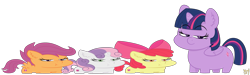 Size: 3650x1100 | Tagged: safe, artist:wispy tuft, imported from derpibooru, apple bloom, scootaloo, sweetie belle, twilight sparkle, alicorn, pegasus, pony, unicorn, cute, cutie mark crusaders, foal, short, simple background, squatpony, stout, transparent background, twiggie, twilight sparkle (alicorn), up to no good