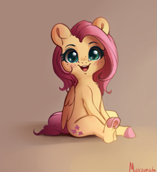 Size: 693x755 | Tagged: safe, artist:miokomata, imported from derpibooru, fluttershy, pegasus, pony, chest fluff, cute, freckles, freckleshy, looking at you, open mouth, open smile, shyabetes, sitting, smiling, solo