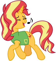 Size: 1024x1124 | Tagged: safe, artist:emeraldblast63, imported from derpibooru, sunset shimmer, pony, unicorn, equestria girls, winter wrap up, eyes closed, female, full body, hooves, horn, mare, music notes, open mouth, open smile, simple background, smiling, solo, tail, transparent background, two toned mane, two toned tail