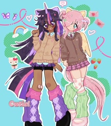Size: 1080x1222 | Tagged: safe, artist:puddin.pawz, imported from derpibooru, fluttershy, twilight sparkle, alicorn, human, alicorn humanization, bandaid, blushing, cardigan, clothes, cute, dark skin, detailed background, duo, duo female, female, full body, glasses, hair over one eye, hairclip, horn, horned humanization, humanized, leg warmers, painted nails, pleated skirt, shoes, skirt, sweater vest, tail, tailed humanization, twilight sparkle (alicorn), winged humanization, wings