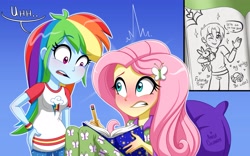 Size: 3911x2439 | Tagged: safe, artist:ameliacostanza, imported from derpibooru, fluttershy, rainbow dash, equestria girls, blushing, clothes, crossover, crossover shipping, diary, drawing, duo, female, pajamas, pencil, peter parker, shipping, sleepover, slumber party