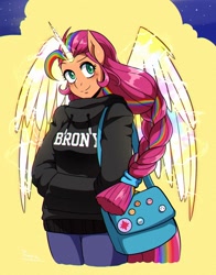 Size: 1020x1300 | Tagged: safe, artist:traupa, imported from derpibooru, sunny starscout, alicorn, anthro, alicornified, artificial horn, artificial wings, augmented, bag, braid, braided ponytail, breasts, clothes, female, g5, handbag, hoodie, horn, in-universe pegasister, looking at you, magic, magic horn, magic wings, mane stripe sunny, my little pony: a new generation, ponytail, race swap, smiling, sunnycorn, wings