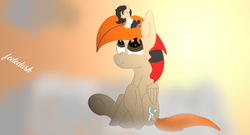 Size: 7572x4080 | Tagged: safe, artist:fededash, imported from derpibooru, oc, oc only, oc:fededash, oc:pandauwu, pegasus, pony, absurd resolution, cloud, cute, duo, macro, owo, pegasus oc, sitting, sun