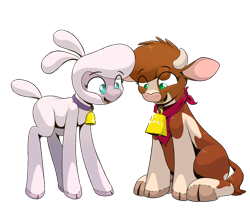 Size: 1024x905 | Tagged: safe, artist:ljdamz1119, imported from derpibooru, cow, lamb, sheep, them's fightin' herds, adorapom, arizona (tfh), arizonadorable, bandana, bell, bell collar, cloven hooves, collar, community related, cowbell, cute, duo, female, looking down, open mouth, open smile, pom (tfh), simple background, smiling, transparent background