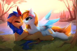 Size: 3600x2369 | Tagged: safe, artist:magnaluna, imported from derpibooru, oc, oc only, oc:cobalt flame, oc:lucky bolt, kirin, pegasus, pony, cuddling, duo, female, floppy ears, kirin oc, lake, looking at each other, male, smiling, smiling at each other