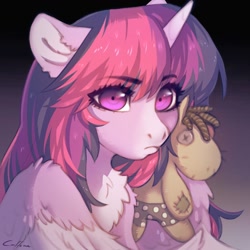 Size: 1200x1200 | Tagged: safe, artist:coffune, imported from derpibooru, smarty pants, twilight sparkle, alicorn, pony, bust, chest fluff, cute, doll, ear fluff, eye clipping through hair, female, hug, looking at you, mare, solo, toy, twiabetes, twilight sparkle (alicorn), wings