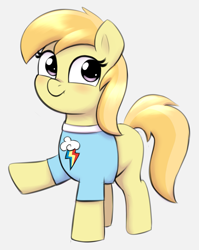 Size: 1431x1797 | Tagged: safe, artist:heretichesh, imported from derpibooru, noi, earth pony, pony, clothes, colored, female, filly, foal, looking at you, raised hoof, shirt, simple background, solo