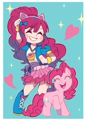 Size: 848x1200 | Tagged: safe, artist:miyata__0529, imported from derpibooru, kotobukiya, pinkie pie, earth pony, human, pony, bow, clothes, cute, diapinkes, eyes closed, female, hair bow, heart, human ponidox, humanized, kotobukiya pinkie pie, mare, open mouth, pony ears, self paradox, self ponidox, skirt, smiling