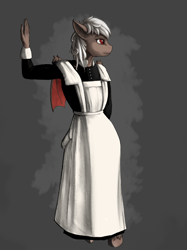 Size: 666x889 | Tagged: safe, artist:roz, imported from derpibooru, oc, oc:dusty fang, anthro, bat pony, apron, clothes, hooves, maid, mixed media, outfit, parlor maid, parlormaid, pose, solo, traditional art, victorian, victorian dress