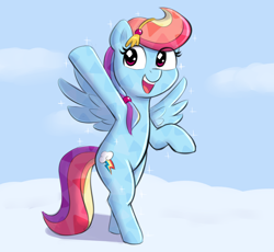 Size: 1914x1761 | Tagged: safe, artist:heretichesh, imported from derpibooru, rainbow dash, crystal pony, pegasus, pony, armpits, bipedal, cloud, colored, looking at you, on a cloud, simple background, smiling, solo, spread wings, standing on a cloud, standing on two hooves, waving at you, wings