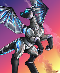 Size: 7087x8661 | Tagged: safe, artist:sourcherry, imported from derpibooru, oc, oc only, oc:amika, cyborg, original species, plane pony, pony, robot, robot pony, absurd resolution, glass, looking up, metal, plane, ponified, protogen, rearing, smiling, solo, spread wings, wings