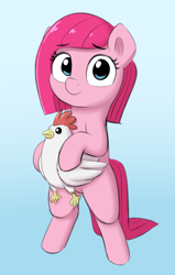 Size: 1196x1876 | Tagged: safe, artist:heretichesh, imported from derpibooru, pinkie pie, bird, chicken, earth pony, pony, bipedal, colored, female, filly, foal, looking at you, pinkamena diane pie, simple background, standing on two hooves