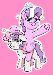 Size: 1712x2400 | Tagged: safe, artist:heretichesh, imported from derpibooru, diamond tiara, sweetie belle, earth pony, pony, unicorn, colored, diamond tiara riding sweetie belle, duo, duo female, female, filly, foal, looking at you, ponies riding ponies, riding, simple background, sparkles, sweat, sweetie belle is not amused, trembling, unamused, waving