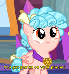 Size: 672x716 | Tagged: safe, edit, edited screencap, editor:henbasket, imported from derpibooru, screencap, cozy glow, pegasus, pony, school raze, season 8, spoiler:s08, cozybetes, cropped, cute, female, filly, foal, frown, looking up, meme, solo, text, you got games on your phone