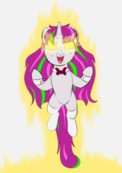 Size: 1672x2372 | Tagged: safe, artist:heretichesh, imported from derpibooru, oc, oc:zew, oc:zippi, pony, unicorn, bowtie, clothes, colored, female, filly, floating, foal, fusion, glowing, glowing eyes, magic, magic aura, smiling, socks, solo, unlimited power