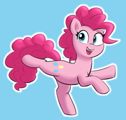 Size: 2091x1989 | Tagged: safe, artist:heretichesh, imported from derpibooru, pinkie pie, earth pony, pony, balancing, blue background, colored, cute, diapinkes, looking at you, raised hoof, raised leg, simple background, smiling, solo