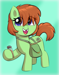 Size: 1496x1900 | Tagged: safe, artist:heretichesh, imported from derpibooru, oc, oc only, oc:spice rack, earth pony, pony, bag, colored, cute, eye clipping through hair, female, filly, foal, hoof hold, looking at you, ocbetes, pouch, simple background, solo, spice (food), tooth gap