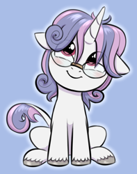 Size: 1572x2000 | Tagged: safe, artist:heretichesh, imported from derpibooru, sweetie belle, oc, oc only, oc:yodi belle, classical unicorn, pony, unicorn, blue background, cloven hooves, colored, floppy ears, foal, fusion, glasses, horn, leonine tail, looking at you, simple background, sitting, smiling, solo, unicorn oc, unshorn fetlocks