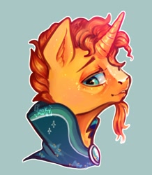 Size: 834x957 | Tagged: safe, artist:funky_furs, imported from derpibooru, sunburst, pony, unicorn, blue background, bust, cloak, clothes, coat markings, curved horn, ear fluff, facial hair, facial markings, horn, male, missing accessory, no glasses, simple background, solo, stallion, sunburst's cloak