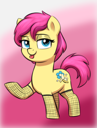 Size: 1206x1586 | Tagged: safe, artist:heretichesh, imported from derpibooru, oc, oc:banana split, pony, colored, female, filly, fishnets, foal, looking at you, makeup, raised hoof, simple background, solo, tongue out