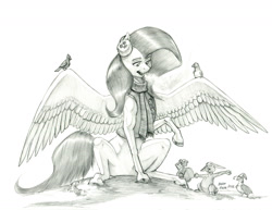 Size: 1400x1078 | Tagged: safe, artist:baron engel, imported from derpibooru, fluttershy, bird, pegasus, pony, rabbit, squirrel, winter wrap up, animal, clothes, earmuffs, grayscale, monochrome, pencil drawing, scarf, simple background, sitting, spread wings, traditional art, white background, wings