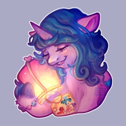 Size: 1000x1000 | Tagged: safe, artist:funky_furs, imported from derpibooru, izzy moonbow, pony, unicorn, blue background, crying, feels, female, g5, hug, lantern, mare, my little pony: a new generation, outline, paper lantern, simple background, solo, unshorn fetlocks, white outline