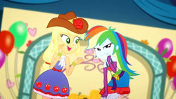 Size: 3410x1920 | Tagged: safe, imported from derpibooru, screencap, applejack, rainbow dash, a photo booth story, eqg summertime shorts, equestria girls, balloon, bare shoulders, belt, clothes, cowboy hat, cutie mark, cutie mark on clothes, duo, duo female, fall formal outfits, female, hat, high res, open mouth, open smile, sleeveless, smiling, strapless