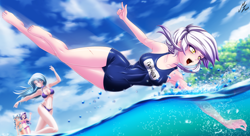 Size: 2500x1358 | Tagged: safe, artist:mauroz, imported from derpibooru, diamond tiara, gilda, silver spoon, trixie, human, alternate hairstyle, anime, barefoot, beach, bikini, bikini bottom, bikini top, breasts, clothes, feet, female, humanized, open mouth, school swimsuit, swimsuit