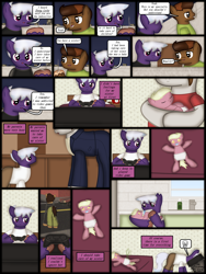 Size: 1750x2333 | Tagged: safe, artist:99999999000, imported from derpibooru, oc, oc only, oc:firearm king, oc:holly stone, oc:susie cotes, oc:zhang xiangfan, earth pony, pony, comic:journey, baby, baby bottle, baby pony, brother, brother and sister, clothes, comic, controller, diaper, female, kitchen, male, pacifier, siblings, sister, smoke, smoking, video game