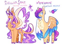 Size: 2628x1926 | Tagged: safe, artist:goldlines005, imported from derpibooru, oc, oc only, alicorn, pegasus, pony, alicorn oc, chest fluff, duo, female, horn, leonine tail, male, mare, offspring, parent:flash sentry, parent:twilight sparkle, parents:flashlight, pegasus oc, simple background, stallion, tail, white background, wings