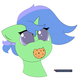 Size: 5467x5467 | Tagged: safe, artist:phosphorshy, imported from derpibooru, oc, oc:burst bubble, pony, unicorn, bust, cookie, cute, female, floppy ears, food, nom, portrait, signed, simple background, solo, transparent background