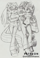 Size: 1590x2313 | Tagged: safe, artist:shadowhawx, imported from derpibooru, fluttershy, rarity, anthro, pegasus, plantigrade anthro, unicorn, blouse, breasts, busty fluttershy, cleavage, clothes, duo, female, lidded eyes, midriff, monochrome, pants, shoulderless, smiling, spread wings, sunglasses, traditional art, wings