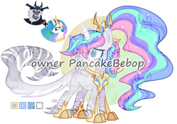 Size: 1280x896 | Tagged: safe, artist:hoochuu, artist:lazuli0209, imported from derpibooru, princess celestia, storm king, alicorn, hybrid, pony, my little pony: the movie, abstract background, base used, clothes, deviantart watermark, donut steel, eyelashes, female, fusion, mare, obtrusive watermark, peytral, screencap reference, smiling, watermark