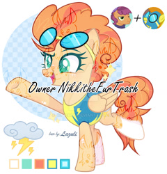 Size: 1280x1331 | Tagged: safe, artist:hoochuu, artist:lazuli0209, imported from derpibooru, blaze, spitfire, pegasus, pony, abstract background, base used, clothes, deviantart watermark, eyelashes, female, fusion, goggles, mare, obtrusive watermark, screencap reference, smiling, underhoof, uniform, watermark, wings, wonderbolt trainee uniform