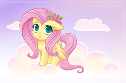 Size: 1000x659 | Tagged: safe, artist:raininess, imported from derpibooru, fluttershy, pegasus, pony, cloud, colored pupils, cute, daaaaaaaaaaaw, female, flower, flower in hair, hair accessory, mare, on a cloud, one ear down, shyabetes, sky, solo