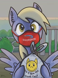 Size: 1536x2048 | Tagged: safe, artist:catscratchpaper, imported from derpibooru, derpy hooves, pegasus, pony, bag, coronavirus, covid-19, cute, delivery, derp, derpabetes, doordash, ear fluff, female, food, helpful, hoof hold, looking at you, mare, mask, porch, pun, solo, spread wings, wings