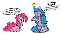 Size: 1192x670 | Tagged: safe, artist:dan232323, imported from derpibooru, izzy moonbow, pinkie pie, earth pony, pony, unicorn, ball, female, g4, g5, izzy's tennis ball, mare, meta, simple background, speech bubble, tennis ball, the new pinkie pie, unshorn fetlocks, white background