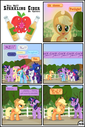 Size: 3255x4838 | Tagged: safe, artist:gutovi, imported from derpibooru, applejack, fluttershy, pinkie pie, princess luna, rainbow dash, rarity, twilight sparkle, alicorn, earth pony, pegasus, pony, unicorn, comic:why me!?, alternate ending, apple, bottle, cider, comic, dawn, female, food, hat, lesbian, mane six, shipping, show accurate, sunlight, sweet apple acres, twijack, twilight sparkle (alicorn), yes yes yes