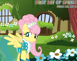 Size: 2064x1615 | Tagged: safe, artist:mihaaaa, artist:not-yet-a-brony, edit, imported from derpibooru, fluttershy, pegasus, 2022, clothes, dress, female, flower, fluttershy's cottage, looking at you, lyrics in the description, mare, song in the description, song reference, spring, youtube link in the description