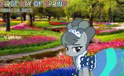 Size: 2064x1275 | Tagged: safe, artist:not-yet-a-brony, edit, imported from derpibooru, marble pie, earth pony, 2022, clothes, dress, female, flower, garden, looking at you, lyrics in the description, mare, river, song in the description, song reference, spring, stream, tree, water, youtube link in the description