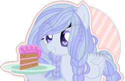 Size: 954x621 | Tagged: safe, artist:toffeelavender, imported from derpibooru, oc, oc only, pegasus, pony, base used, braid, cake, eye clipping through hair, food, grin, heart eyes, pegasus oc, plate, simple background, smiling, solo, transparent background, wingding eyes, wings