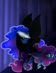 Size: 2034x2652 | Tagged: safe, artist:stormcloud-yt, imported from derpibooru, nightmare moon, pony, base used, duo, ethereal mane, parent:princess luna, scared, starry mane