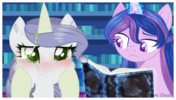 Size: 2942x1680 | Tagged: safe, artist:stormcloud-yt, imported from derpibooru, oc, oc only, pony, unicorn, base used, blushing, book, cheek squish, frown, glow, glowing horn, horn, horn jewelry, indoors, jewelry, magic, offspring, parent:flash sentry, parent:rarity, parent:thunderlane, parent:twilight sparkle, parents:flashlight, parents:rarilane, smiling, squishy cheeks, telekinesis, unicorn oc