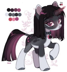 Size: 919x999 | Tagged: safe, artist:miioko, imported from derpibooru, oc, oc only, pony, unicorn, collar, deviantart watermark, eyelashes, glow, glowing horn, hoof polish, horn, obtrusive watermark, raised hoof, reference sheet, simple background, solo, unicorn oc, watermark, white background