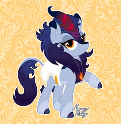 Size: 1595x1633 | Tagged: safe, artist:mommymidday, imported from derpibooru, oc, oc:sapphire orchid, kirin, abdl, adult foal, cloven hooves, coat markings, crystal, diaper, diaper fetish, eyeliner, fetish, gradient hooves, gradient horn, gradient mane, gradient tail, horn, jewelry, kirin oc, lidded eyes, makeup, necklace, non-baby in diaper, raised hoof, show accurate, signature, simple background, solo, tail